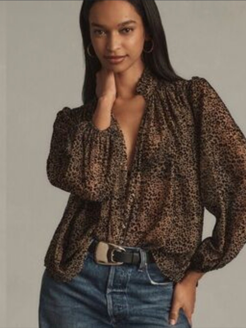 Anthropologie Leopard Print Ruffle-Trim Blouse - Tan & Black